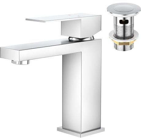 Faustina Waschtischarmatur Bad für Waschbecken eckig mit Pop-Up Ablaufgarnitur, Einhebelmischer Waschtisch Armatur Wasserhahn Bad Waschbeckenarmatur Badarmatur, Edstahl Poliert verchromt