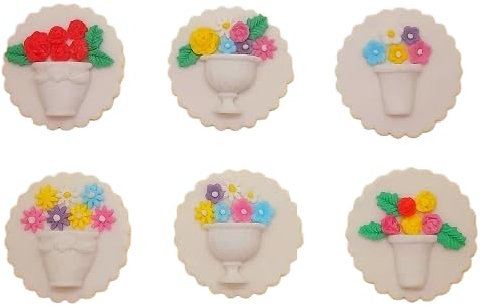 Floral Theme Fondant Cupcake Toppers, Flower Pot Design, 6 Pieces, Cake Decorations for All Occasions