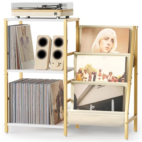 Bikoney Plattenspieler Schallplattenständer mit 3-stufiger Vinyl Display Regal Lagerung, Turntable Tisch Aufbewahrung bis zu 200 Alben,Media Konsole Vinyl Regal für Wohnzimmer (Gold)