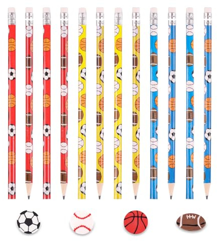 Caelura 12 Stück Bleistifte mit Radiergummi, Bleistift Fußball, Basketball, Baseball, Rugby, Bleistifte HB, Holzbleistifte für Kindergeburtstag Fussball Gastgeschenke Schulbeginn