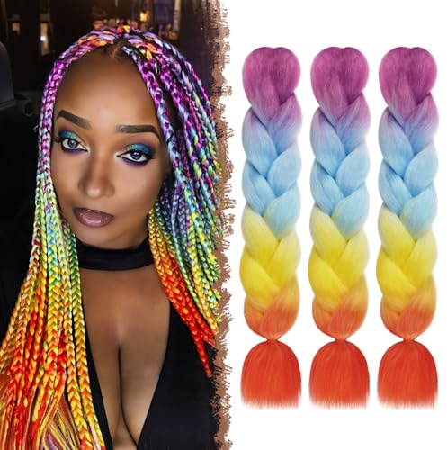 FESHFEN Meche Cheveux pour Tresse - Lot de 3 Meches pour Tresses Africaine Braids Mèche Rajout Cheveux Tresses Synthétique Jumbo Extension de Cheveux Femme, 60 cm Violet/Bleu/Jaune/Orange