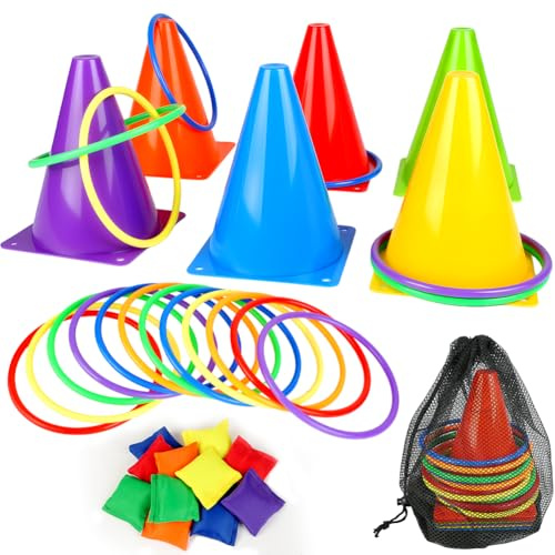 Aolso 31 Pz Giochi da Esterno, 3 in 1 Set da Gioco del Lancio Dell'anello con Sacchetti di Fagioli Coni di plastica, Set di Giochi per Feste in Giardino, Compleanni, Sportivi Allaperto