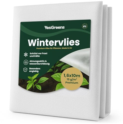 YesGreens® Wintervlies für Pflanzen – 1,6×10 m – 50 g/m² Premium – Verschiedene Größen – Atmungsaktiv, wasserdurchlässig & UV-stabil – Winterschutz Pflanzen außen – Pflanzenschutz Winter – Agrarvlies