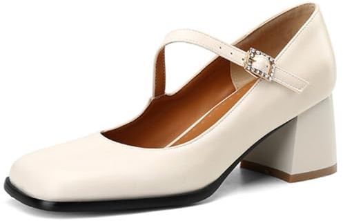 Mary Jane-pumps med fyrkantig tå för kvinnor, blockklack, spänne, höga klackar, för arbete, kontor och daglig stil, Beige färg, 44 EU