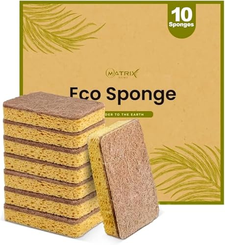 MATRIX Eco Sponge 20 Pack - Compostable Kitchen Dish Sponges with Heavy Duty Scouring Pad | Biodegradable Cellulose & Coconut Fiber Washing Up Scrubbers for Dishes & Household Cleaning