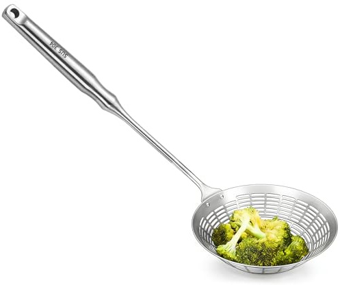 Qooplu Colador de malla con mango | Espumadera profunda de mango largo,Espumadera de Araña para Freidora y Pasta,para Patatas Fritas, Empanadillas, Verduras, Cocina, Preparación de Comida, Hogar y