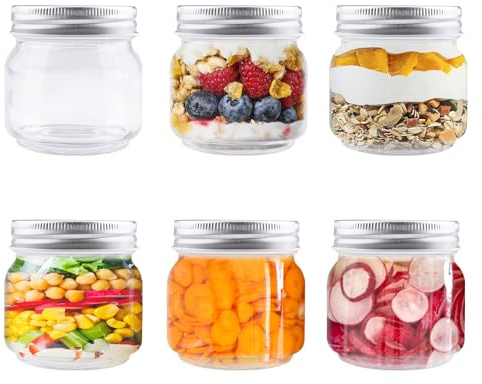 Wozzies 6 Piezas Tarros de Cristal con Tapa Hermética, 250ml Overnight Oats Jar, Mason Jar Adecuado para la preparación y almacenamiento de postres, yogur, chucrut y preparación dietética