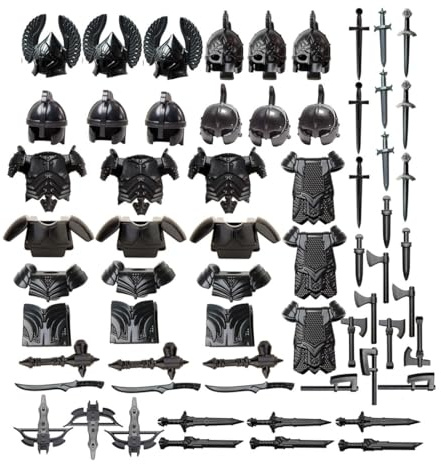 Quibuilds Mittelalterliches Waffen Klemmbausteine Zubehör Set – Römische, Griechische & Ägyptische Waffen- & Rüstungs-Bausteine für Kampfszenen & Sammlerstück für Erwachsene & Display - 60 Teile