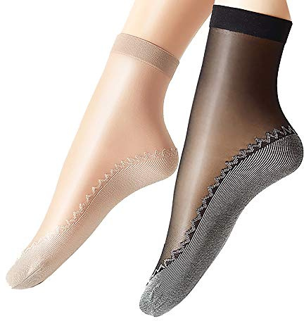 Ueither - 6 paia di gambaletti velati da donna, alla caviglia, con soletta in cotone antiscivolo e punta rinforzata (4 Coppie Beige 2 Coppie Nero)