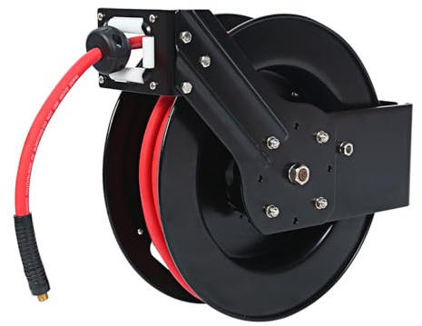 MaxWorks 50 Foot Auto Rewind Retractable Air Hose Reel with 3/8 Rubber Hose 250 PSI Heavy Duty Steel Spring Multi Position Ratchet and Solid Brass Fittings for Garage and Workshop (80720)
