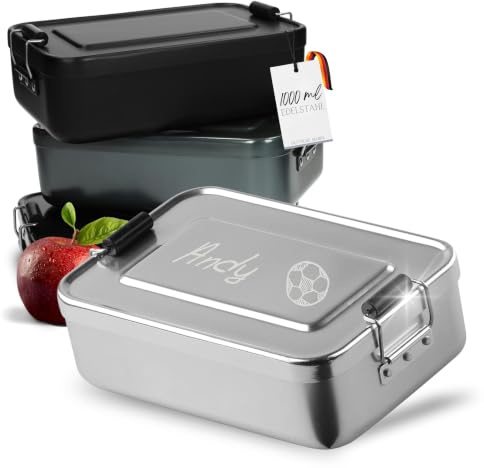 Uakeii elasto – Fiambrera personalizada con nombre de aluminio, sin BPA, con grabado para guardería, escuela y excursiones, regalos personalizados para niños (17 x 12 x 5 cm, fútbol plateado)