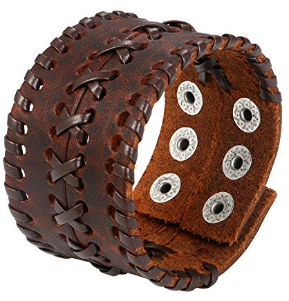 JewelryWe Punk Breit Lederarmband Herren: 4cm Breit Braun Geflochten Leder Armband mit Druckknopf Verstellbar Gothic Biker Rock Manschette Armreif Halloween Armschmuck Geschenk für Männer
