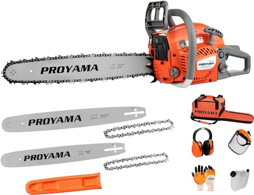 PROYAMA Motosierra de gas de 2 ciclos de 58 cc, sierra de cadena de mango superior de 16 pulgadas, motosierra de gasolina de 20 pulgadas para cortar madera de árbol
