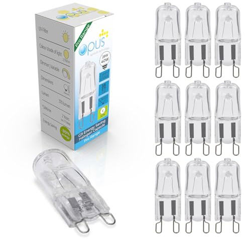 Opus G9 Halogen Bulb | 28W = Equivalent to 40W G9 Bulb | Warm White 2700K | Long Life 2,000 Hours | Clear Glass Capsule | Dimmable | 2 Pin Light Bulbs | Lava Lamp Bulb | Chandelier Bulb | 10 Pack | 40W Equivalent, Long Life 2,000 Hours, Clear Glass Capsule for Chandeliers, Ceiling and Wall Lights and Lava Lamps
