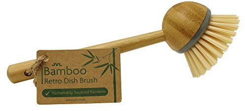 JVL Round Bamboo Long Handle Washing Up Dish Brush, Natural