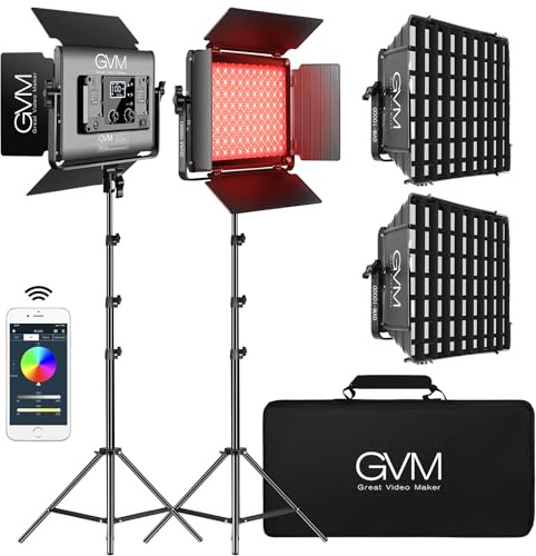 GVM 1000D RGB Led Video Light with 2 Softboxes, Photography Lighting Kit with Bluetooth Control, Full Color Video Lighting Kit with 18 Applicable Scenes, 2 Packs Led Light Panel for Video Shooting