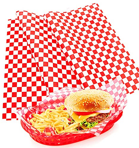 100 Sheets Food Wrapping Paper - Food Grade Wrap Paper / Checkered Basket Liners Oil-Proof Wrap Papers for Deli/BBQ Sandwich Hamburgers Gift Wrapping Wax Tissue, 10 x 11