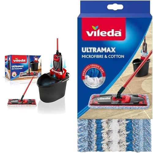 Vileda - UltraMax Power 2en1 - Set Complet Balai à Plat Microfibre + Seau-Essoreur & Housse Micro & Coton pour Balai à Plat Ultramax, 120g