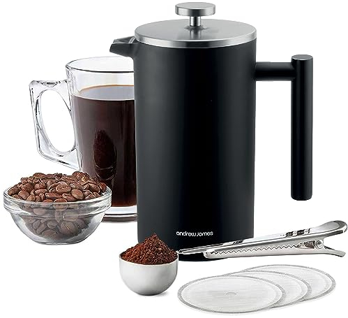 andrew james Cafetière à double paroi en acier inoxydable avec cuillère à mesurer et clip d'étanchéité pour sac | Délicieux café à piston | Facile à nettoyer (350 ml, noir mat)