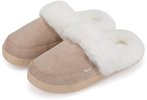 NineCiFun Women's and Men's Suede House Slippers Slip on Fuzzy Slippers with Faux Fur Lining Indoor Outdoor Home Shoes with No-slip Sole Khaki (Women's Size 7 8,Men's Size 6 6.5)