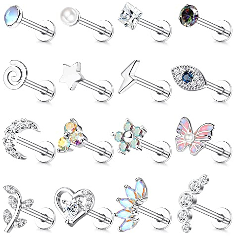 Adramata 16G Helix Piercing Set - 16 Stück Chirurgenstahl Ohrringe mit Schmetterling Blume Conch Ohrstecker - Knorpel Ohrringe in Silber Gold für Damen Tragus