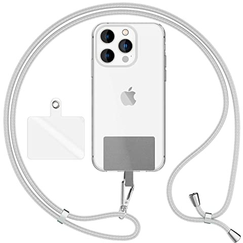 NALIA Universal Handykette für alle Smartphones, Hellgrau, Silber Metall | Klebefreie Montage, Reißfestes Nylon-Gewebe, Klarer und farbiger Einleger, Auch für Kamera und Wallet, HOLDME AIR