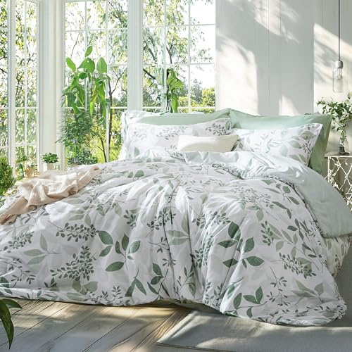 Bedsure Twin/Twin XL Comforter Set Dorm Bedding - White & Green Floral Comforter Set, Twin Extra Long Comforter for College, 2 Pieces Summer Bed Includes 1 Pillow Sham Floral Sage Green