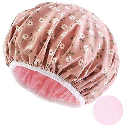 SHTGOI 1 Stück Damen Haarhaube Blumen Duschhaube Wiederverwendbare Elastische Badekappe Doppelschicht Shower Cap Duschkappen für Badezimmer Badekurort Hotel Reisen Hauptgebrauch Dunkelpink