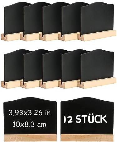 DONQL 12Stück Mini Kreidetafel mit Ständer, Kleine Tafel Holzschilder zum Beschriften, Mini Tafel Set,Tischkarten Preisschilder Platzkarten Kreidetafel Aufsteller für Hochzeit,Geburtstag usw. (Wellig)