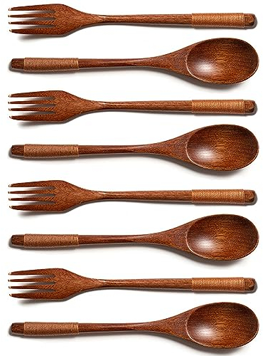 8 Pezzi Cucchiaio Legno Cucina, cucchiaio e forchetta in legno, Posate Legno, Cucchiaino Lungo, Posate Manico Legno, Manico Lungo, Stile Giapponese, Per Campeggio, Cucina All'Aperto, Cena, Marrone