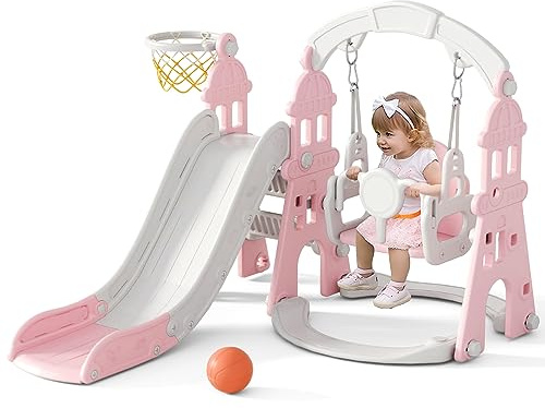 KORIMEFA 4-in-1 Kids Slide and Swing Set, Toddler Slide with Basketball Hoop, Swing, Outdoor Indoor Playground for Toddlers 1-3 (4 in 1-Pink)