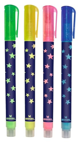 moses. Neon-Filzstifte 4er Set, 4 Filzmarker in Leuchtfarben zum Malen, Basteln und Markieren, Geschenk zu Weihnachten und für den Adventskalender, Grün, Gelb, Pink, Blau