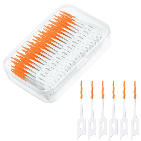 URAQT 220pcs Dual-Use Interdental Brushes, Silicone Dental Floss Sticks with Storage Case, Efficient Clean Between Teeth Tooth Floss Picks, Portable Tooth Gap Brush for Braces Oral Cleaning (Orange)
