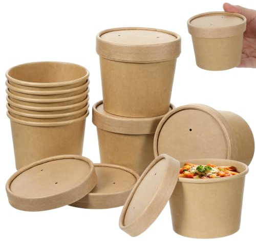 PartyKindom Lot de 10 de Coupes de Crème Glacée en Papier Kraft 8oz Couvercles Portable et Adapté pour Nourriture Chaude ou Froide Lors D'activités Familiales
