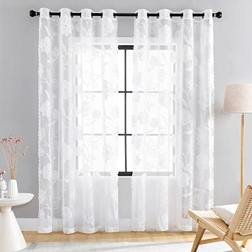 Treatmentex Spitze Vorhang Jacquard Gardinen mit Ösen Schwarze 3D Blumenmuster Halbtransparente Vorhänge Vintage Romantisch Dekoschal Ösenvorhänge für Wohnzimmer, Weiß, 2 Stücke, 140×145CM(B×H)