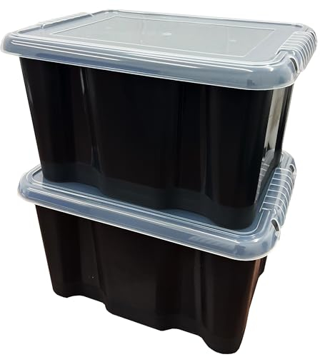 STORM TRADING GROUP 24 Litre Large Black Plastic Storage Box With See Through Lids Stackable Organizing Box Container For Bedroom, Garage & Office (2)