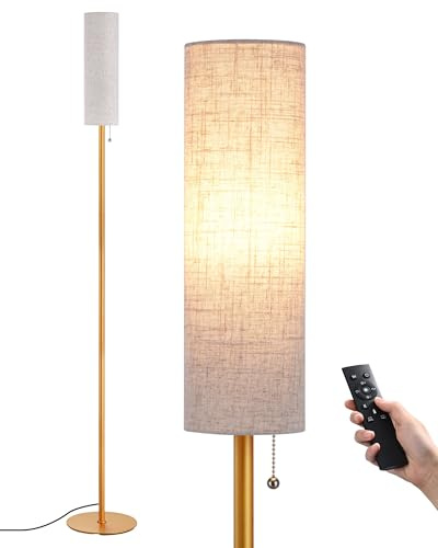 EDISHINE Floor Lamp, Standing Lamp with Rounded Linen Lampshade, 165cm | Floor Lamps for Living Room, Bedroom, Office, E27 Socket(9W LED Dimmable Bulb Included), Magnetic Remote Control, Gold