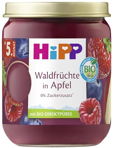 HiPP Bio Waldfrüchte in Apfel (6 x 160g), Babygläschen ab 5. Monat, ohne Zuckerzusatz, mit intensivem Fruchtgeschmack dank Direktpüree und schonender Verarbeitung