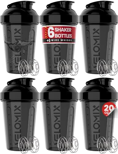 VELOMIX -6 PACK- 20 oz Protein Shaker Bottle for Protein Mixes - 6x Wire Whisk | Leak Proof Shaker Cups for Protein Shakes| Stackable Protein Shaker Bottle Pack | Dishwasher Safe (ALL IN BLACK)