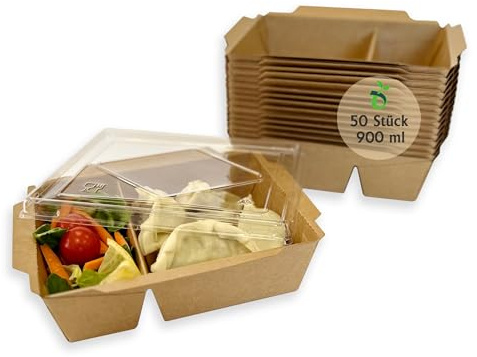 ECOPICNIC Lot de 50 boîtes à repas 900 ml en papier kraft à 2 compartiments avec couvercle transparent | Boîtes à repas jetables, récipients à sushis à emporter, boîtes jetables anti-fuite pour fêtes