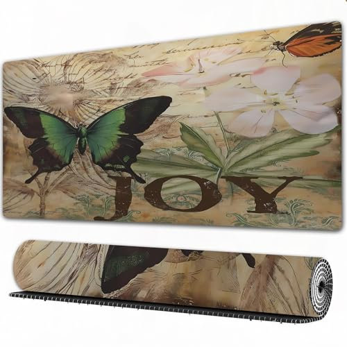 EOMKSE Mauspad Verlängertes großes Mauspad Schreibtischauflage,genähte Kanten Mauspad,Gummibasis,Abstrakter Grunge-Hintergrund mit grünem Schmetterling und Blumen,Gaming-Mauspad,40x90 cm