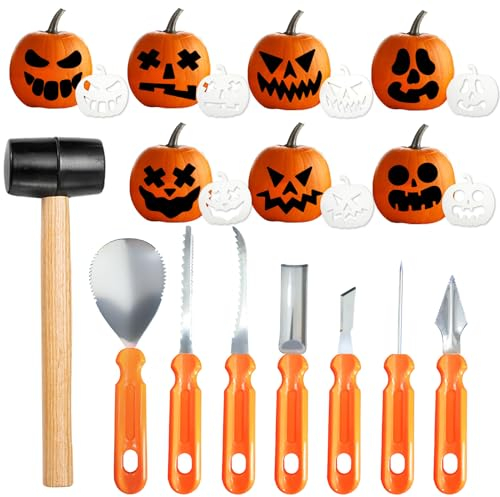 16-teiliges Halloween Kürbis Schnitzset Kinder,DIY Kürbis Schnitzset mit Vorlagen Kürbis Schnitzwerkzeug Carving Set,Kürbis Schnitzmesser für Kinder & Erwachsene