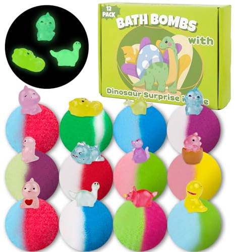 Bath Bombs for Kids, 12 Pcs Bath Bombs with Glow in The Dark Dinosura Surprise Inside, Handmade Organic Bubble Bath Ball Gift Set for Boys and Girls, Gift for Birthday Christmas Easter