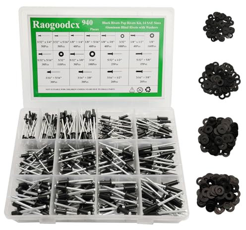 940 remaches negros con arandela, kit surtido de remaches pop de 14 tamaños, kits de remaches ciegos de aluminio ciego, 3/32 pulgadas, 1/8 pulgadas, 5/32 pulgadas, 3/16 pulgadas para kit de remaches