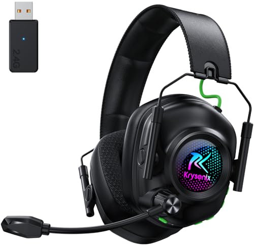 Krysenix KGH2 Casque Gaming sans Fil, 2,4 GHz Casque Gaming pour PS4, PS5, PC, Mac, Switch, Casque Bluetooth avec Microphone, Réduction du Bruit, éclairage LED, Noir