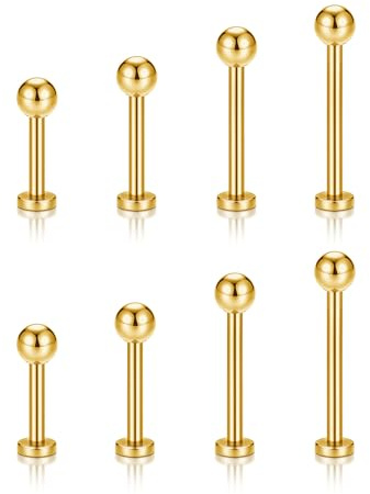 JSDDE 8 Stücke Labret Piercing Gold Set Lippenpiercing Nasenpiercing Stecker mit Kugel Conch Piercing Helix Tragus Ohrpiercing Knorpel Ohrringe Stud Medusa Piercing Gold 6-12mm