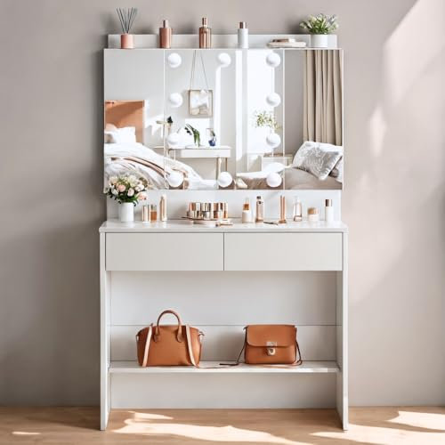 YITAHOME Schminktisch mit Spiegel und 10 LED-Beleuchtung, 3 Farben mit Einstellbarer Helligkeit Frisiertisch Kosmetiktisch mit verstellbaren Ablagen für Make-up, 2 Schubladen, modern (Weiß)