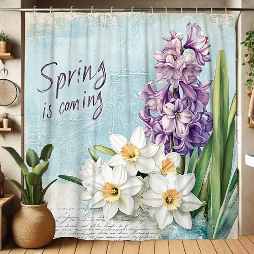 Tenda da doccia primaverile floreale, giacinto viola e narcisi bianchi, decorazione per il bagno, moderna tenda da doccia in tessuto acquerello impermeabile per decorazione primaverile con ganci, 152