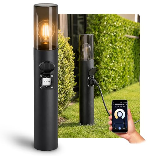SSC-LUXon VARDA Wegeleuchte mit Steckdose Smart E27 WLAN App warm-kalt | Standleuchte mit Steckdose - Schuko-Anschluss, per App & Alexa steuerbar, warmweiß bis kaltweiß, für Garten & Wege, IP44