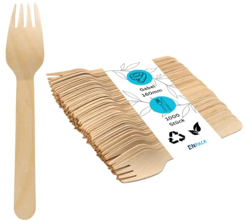 Enpack Holzgabeln Einweg 1000 Stück - Besteck Einweg (Gabeln) 160mm - Kuchengabeln Pommesgabel Fingerfood Zubehör - Gabel aus Holz für Grillparty, Picknick, Partygeschirr - Einmalbesteck Einweg Gabel